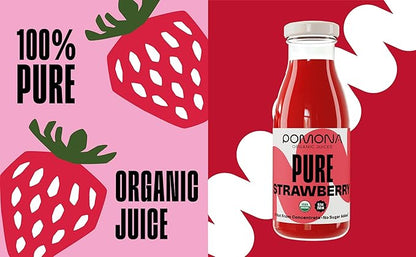 Pomona Organic Strawberry Juice (Pack of 12), Cold Pressed USDA Organic Juices with 100% Strawberries, No Added Sugar, Not From Concentrate, Vegan, Kosher, Non GMO, Pasteurized, 8.4 oz Glass Bottles