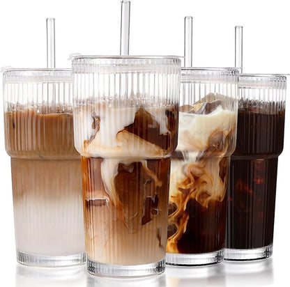 Iced Coffee Cups with Lids: Coffee Bar Accessories - Ribbed Glass Tumbler with Straw and Lid 4Pcs - 20oz Leak Proof Tumbler - Reusable Glass Cups and Tumblers with Lid and Straws for To Go Iced Coffee