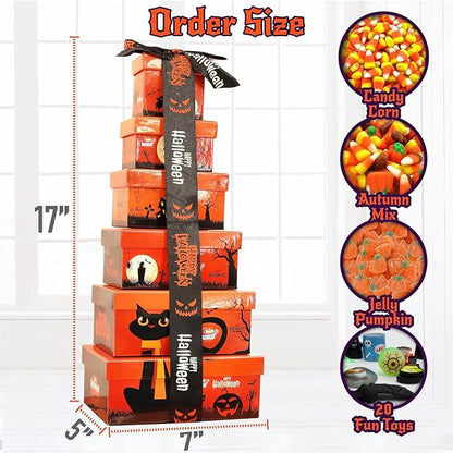 Sarah's Candy Factory Halloween Tower Box with Ribbon – 6 Tier Gift Box with Candy Corn, Autumn Mix, Indian Candy Corn, Jelly Pumpkins and 20 Fun Toys, Individually Wrapped Treat Packs