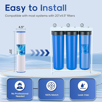 ICEPURE 20" x 4.5" Whole House Water Filter, 5 Micron Pleated Sediment Water Filters Replacement Cartridge for Well Water, Compatible with ECP5-BB, AP810-2, SPC-45-1005, CP5-BB, ECP1-20BB, 3 PACK