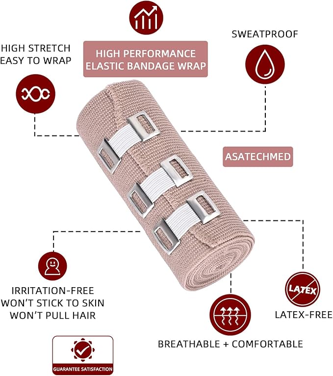 FRESINIDER Elastic Bandage Wrap 8 Pack(4 X 3 + 4 X 4 Wide Rolls) + 48 Clips | Stretch Compression Bandage Stretches up to 15ft | Ideal for Medical, Sports, Sprains, Calf, Ankle & Foot