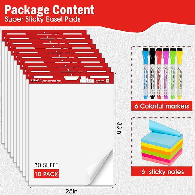 Thickened Sticky Easel Pad, 25 x 30 Inches Large Chart Paper for Teachers, 10 Pads Self Stick Easel Paper for White Board, White Sticky Anchor Chart Paper, with Sticky Note, 300 Sheets/10 Pads