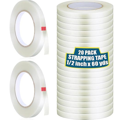 Treela 20 Rolls 1/2 Inch x 60 Yards Filament Strapping Tape Transparent Reinforced Fiberglass 5.5 Mil Heavy Duty Packing Shipping Tape for Sealing Binding Fixing