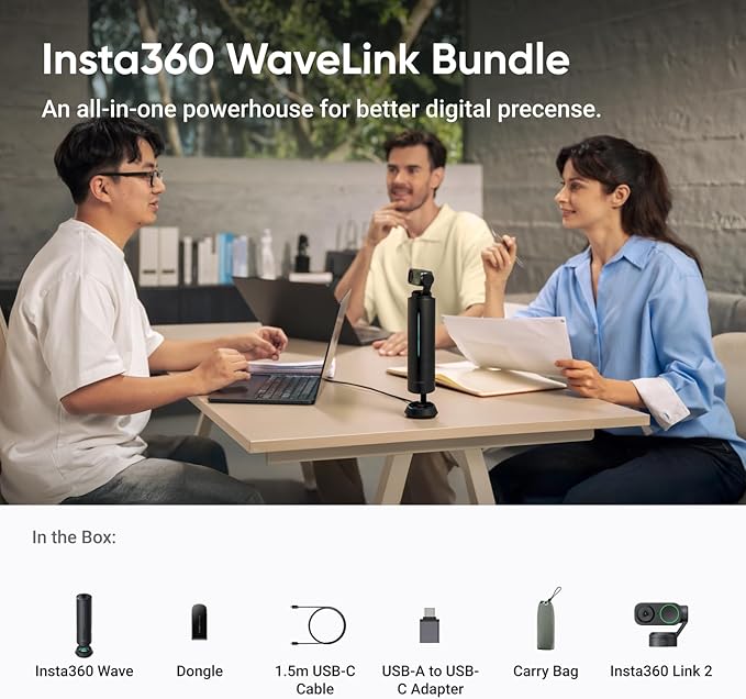 Insta360 WaveLink Bundle - AI Speakerphone, Bluetooth, Voice Recorder, 8 Noise-Canceling Mics w/Beamforming, AI Transcript & Summary, Support 99 Languages, 32GB Storage, Meetings, Podcasts