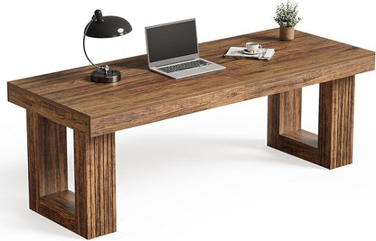 LITTLE TREE Two Person Desk, 86.6 Inches Extra Long Computer Desk, Double Computer Writing Table for 2 People, Wooden Large Desks Business Workstation for Home Office, Rustic Brown