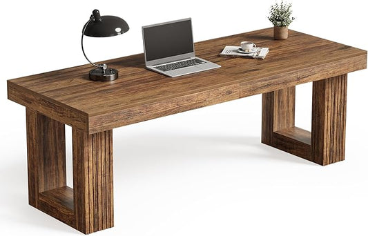 LITTLE TREE Two Person Desk, 86.6 Inches Extra Long Computer Desk, Double Computer Writing Table for 2 People, Wooden Large Desks Business Workstation for Home Office, Rustic Brown