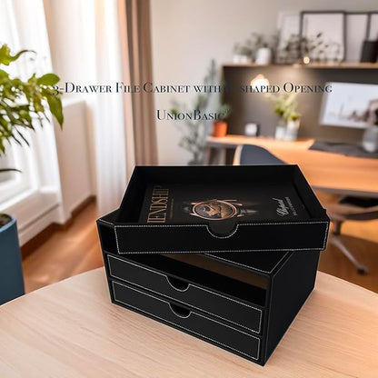 UnionBasic Document Organizer, 3-Drawer File Cabinet Document Storage Box, Office Desktop Filing Organizer, Black with White Stitching