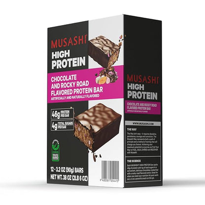 MUSASHI High Protein Bar, 46g Protein, 4g Total Sugars, Rocky Road, Post Workout and Protein Snack On The Go, 12 Pack of 3.2oz (90g) Bars