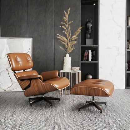 Mid Century Chaise Lounge Chair with Ottoman, Top Black Grain Leather, Modern Office Chair Classic Design, Heavy Duty Base Support for Living Room Study Lounge Office