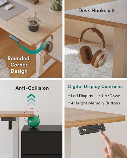 FEZIBO Standing Desk, 63×28 Inches Electric Height Adjustable, Sit Stand Up Table, Computer Office Desk with Splice Board, While Frame/Maple TOP