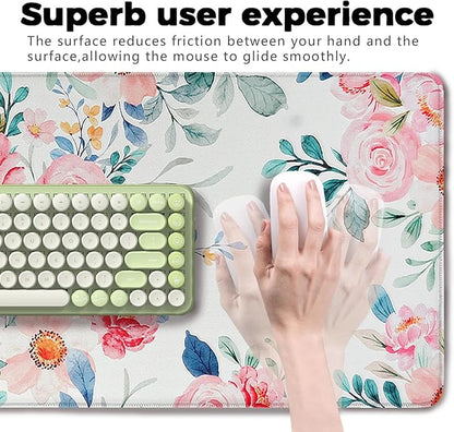 Watercolor Pink Flower Patterns Desk Mat, Large Gaming Mouse Pad Non-Slip Rubber Base with Stitched Edges, Waterproof Protection for PC Laptop Home Office Desk Decor (31.5x11.8in)