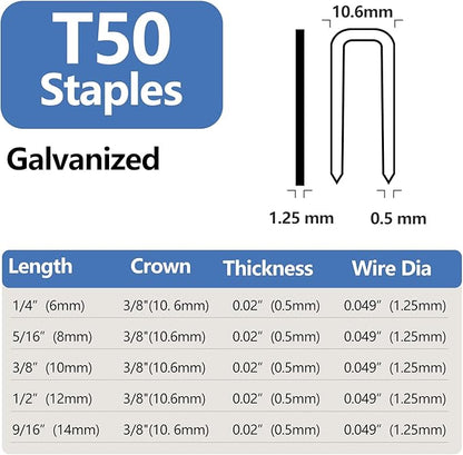 Heavy Duty T50 9/16 inch Length Staples 700-Count, 3/8" Crown 20 Gauge Galvanized, for Pneumatic, Electric, manual T50 Stapler Gun