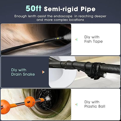 Triple Lens Endoscope Camera with Light- 5" 1080P HD Handheld Borescope with 50FT Semi-Rigid Cable, Waterproof Sewer Inspection Camera with 32GB Card, Drain Plumbing Camera & Gifts for Men