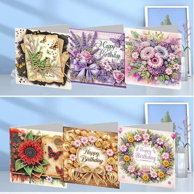 6PCS Diamond Art Painting Greeting Card Set, Birthday Pattern Cards with Envelopes,DIY Card Making Kits Thank You Card Arts Crafts for Birthday