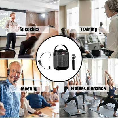 ZOWEETEK Wireless Voice Amplifier Handheld and Headset Microphones for Teachers, Voice Amplifier Microphone, Portable Megaphone Buletooth Speaker for Classroom, Meeting, Group outings, Party, Karaoke