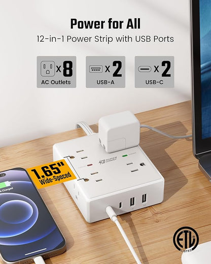 20Ft Long Extension Cord, Flat Plug Power Strip with 8 Outlets & 4 USB Ports (2 USB C), Wall Mountable Surge Protector, Desk Charging Station for Home Office, College Dorm Room Essentials