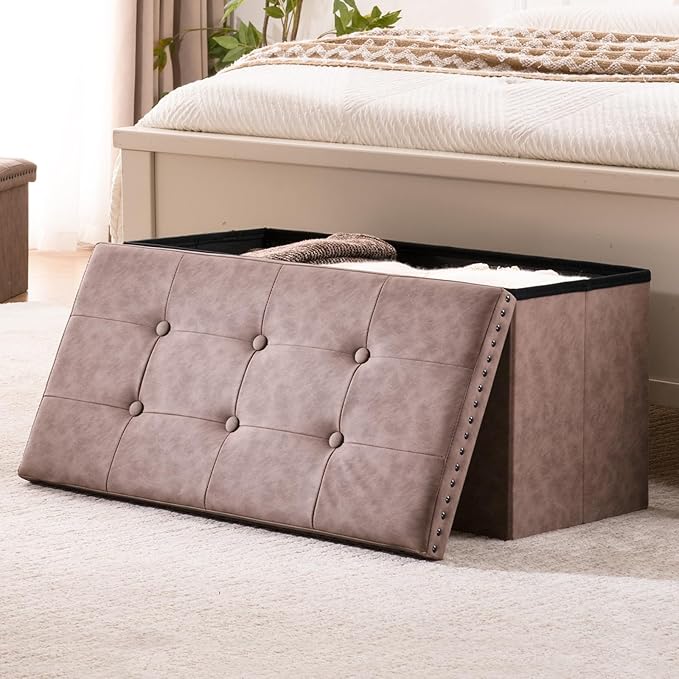 30 Inches Storage Ottoman Bench, Foldable Foot Rest with Rivet Design, 15 x 30 x 15 Inches, End of Bed Bench Footstool, Storage Chest, Load up to 330 lb, for Living Room, Bedroom, Entryway, Oak Brown