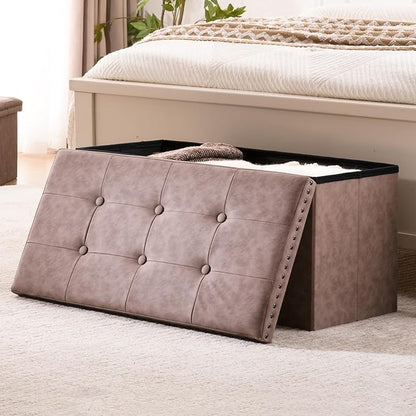30 Inches Storage Ottoman Bench, Foldable Foot Rest with Rivet Design, 15 x 30 x 15 Inches, End of Bed Bench Footstool, Storage Chest, Load up to 330 lb, for Living Room, Bedroom, Entryway, Oak Brown
