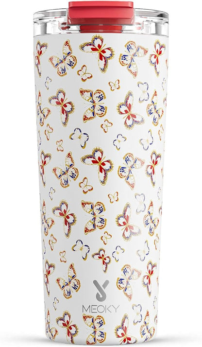 Meoky 24 oz Travel Coffee Mug with Leak-proof Lid, Stainless Steel Insulated Coffee Tumbler, Keeps Hot for 8 Hours or Cold for 24 Hours, Fits in Car Cup Holder (Jewel Butterfly)
