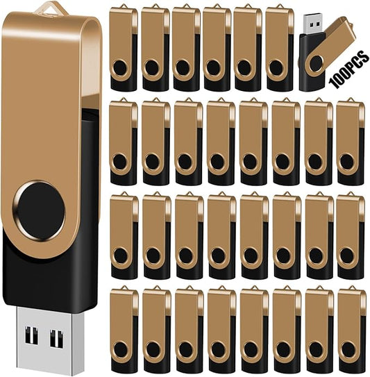EASTBULL 8GB USB Flash Drive 100 Pack with Lanyards - USB 2.0 Jump Drive for Storage and Backup - Gold 100PCS