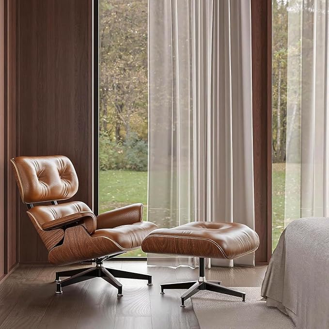 Mid Century Chaise Lounge Chair with Ottoman, Top Black Grain Leather, Modern Office Chair Classic Design, Heavy Duty Base Support for Living Room Study Lounge Office