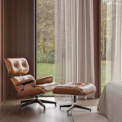 Mid Century Chaise Lounge Chair with Ottoman, Top Black Grain Leather, Modern Office Chair Classic Design, Heavy Duty Base Support for Living Room Study Lounge Office