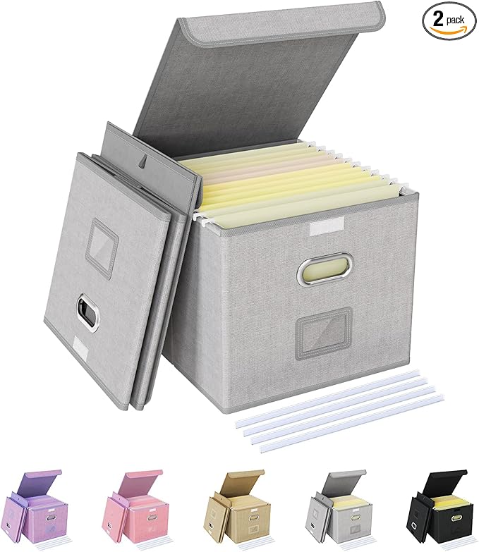 Oterri 2 Pack File Organizer Box,File Box,Small File Cabinet for Letter Folders,Gray-white Portable Filing Box,Hanging File Folder Organizer Box with Lid for Office- without Folders