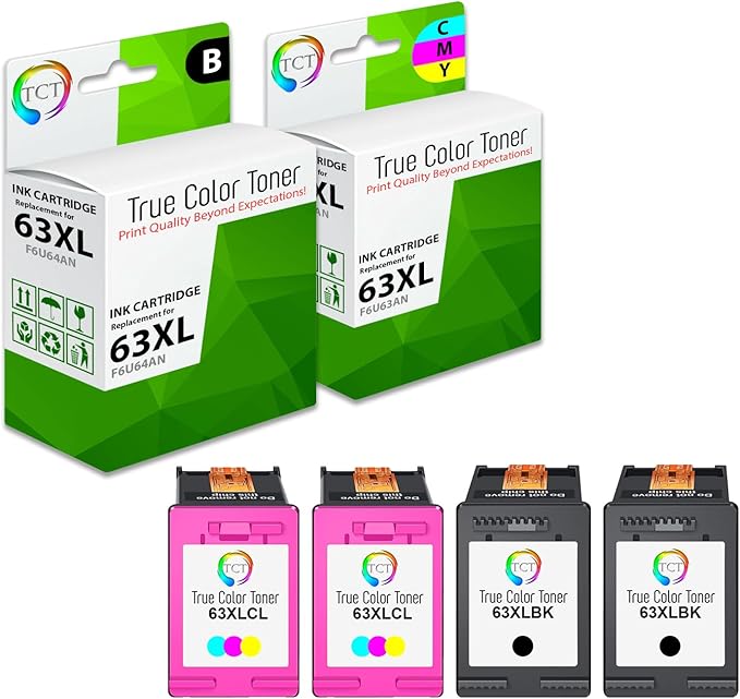 TCT 63XL Ink Cartridge 4 Pack - Compatible Replacement for HP 63XL 63 XL Works with HP Deskjet 1112 Envy 4520 Officejet 3830 Printers (2 Black F6U64AN 2 Tri-Color F6U63AN)