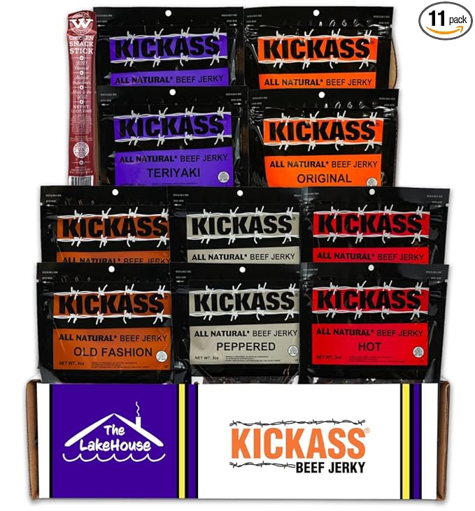 Kickass Beef Jerky Gift Baskets for Men - 5 Flavors in the Premium Beef Jerky Care Package - Father's Day Gifts for Men - Snack Packs - Gluten Free, Keto Friendly - 1 Bonus - (10 Pack)…