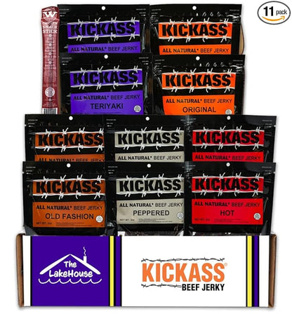 Kickass Beef Jerky Gift Baskets for Men - 5 Flavors in the Premium Beef Jerky Care Package - Father's Day Gifts for Men - Snack Packs - Gluten Free, Keto Friendly - 1 Bonus - (10 Pack)…