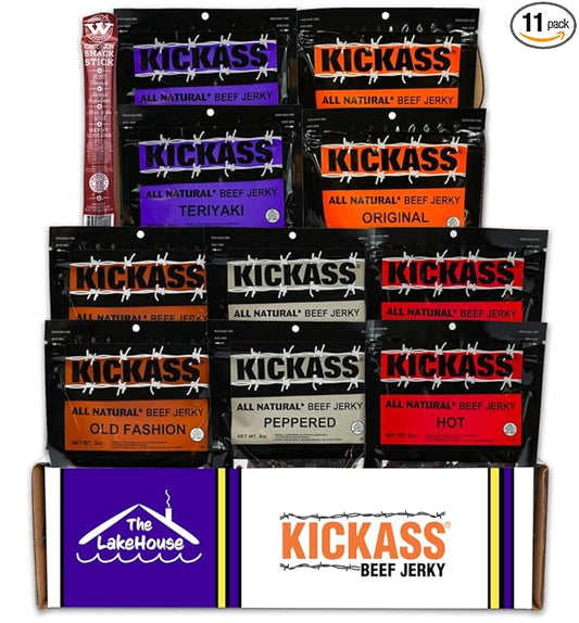 Kickass Beef Jerky Gift Baskets for Men - 5 Flavors in the Premium Beef Jerky Care Package - Father's Day Gifts for Men - Snack Packs - Gluten Free, Keto Friendly - 1 Bonus - (10 Pack)…