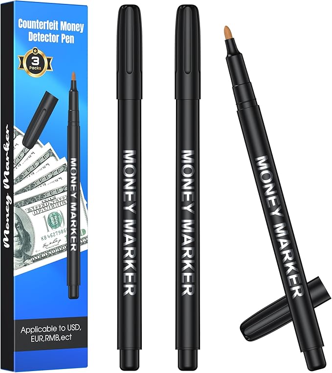 Counterfeit Money Detector Marker Pen, 3 Pack False Currency Checker Pack Easy to Use Fake Money Checker3 Times More Ink Upgraded Pen Tip