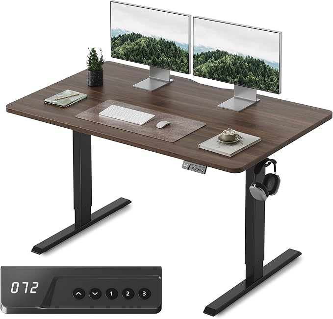 FEZIBO Standing Desk, 55×28 Inches Electric Height Adjustable, Sit Stand Up, Computer Office Desk with Splice Board, Black Frame/Black Walnut TOP