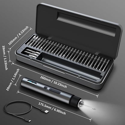 Cordless Electric Screwdriver Set with Storage Case, 3-Speed Torque (Max 7N.m) Power, Rechargeable 2000mAh Battery, 30 Magnetic S2 Steel Bits, LED Light for Phone/Laptop/Camera/Watch/DIY Repair