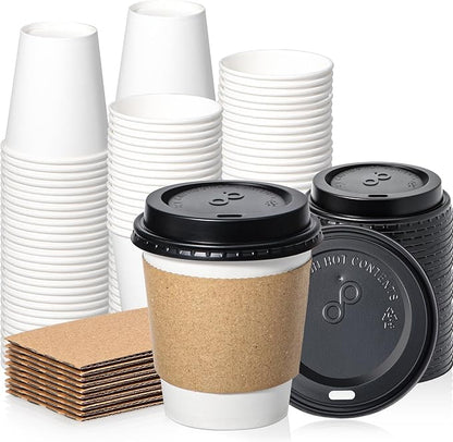 Fit Meal Prep 50 Pack 10 oz Disposable Coffee Cups with Lids, Sleeves, Leak-Proof To Go Coffee Cups with Lids, Durable Paper Cups for Hot Beverage, Home, Office, Party