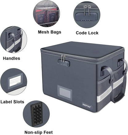 ENGPOW File Box with Lock, Fireproof Document Box with Pockets, Collapsible File Organizer Filing Storage Cabinet with Handle, Portable Home Office Safe for Hanging Letter/Legal Folders,Gray,2 Pack