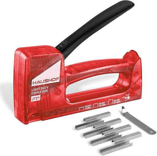 HAUSHOF Light Duty Staple Gun, Upholstery Staple Gun with 800PCS JT21 Staples and Stapler Remover, Fits JT21 Staple of 1/4'', 5/16'' & 3/8'', Used for Wood, Classroom, Crafts, DIY (Red Transparent)