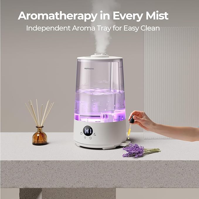 Homvana Humidifiers for Bedroom Home, 3.6 L Cool Mist Top-Fill 34H Super Long Time, Quiet 23dB, Baby Humidifier, Oil Diffuser for Large Room, House, Plant, Nursery, BPA FREE, Ultrasonic (Transparent)