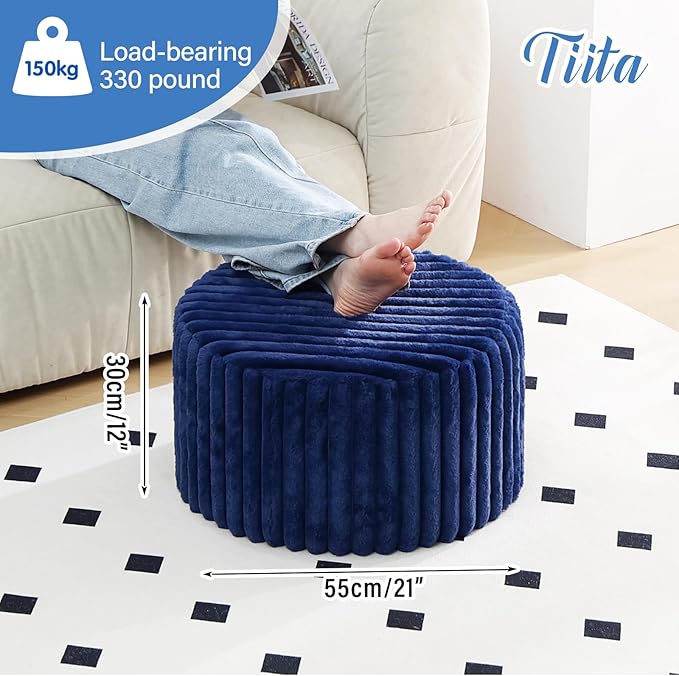 Tiita Round Stuffed Pouf Ottoman, Stripe Faux Fur Poufs with Foam Chunk Filling, Furry and Fluffy Pouf 21×21×12 inch Foot Stool Storage Ottoman,Puff Office Foot Rest for Couch Living Room, Navy Blue
