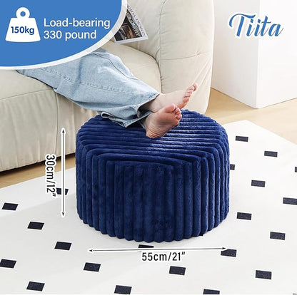 Tiita Round Stuffed Pouf Ottoman, Stripe Faux Fur Poufs with Foam Chunk Filling, Furry and Fluffy Pouf 21×21×12 inch Foot Stool Storage Ottoman,Puff Office Foot Rest for Couch Living Room, Navy Blue