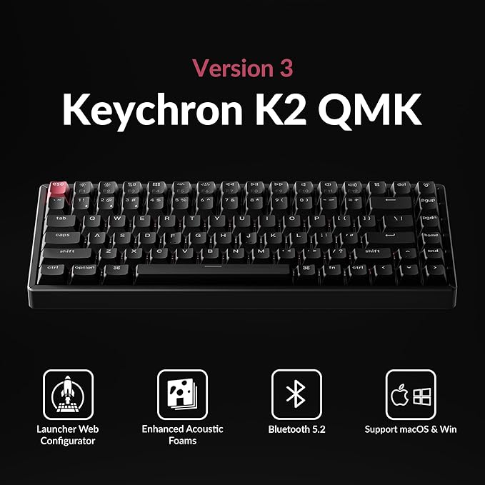 Keychron K2 75% Layout QMK Wireless and Wired Options Mechanical Keyboard Super Red Switch, Paired with Shine-Through Double-Shot PBT Keycaps for Mac Windows-Version 3