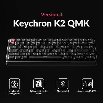 Keychron K2 75% Layout QMK Wireless and Wired Options Mechanical Keyboard Super Banana Switch, Paired with Shine-Through Double-Shot PBT Keycaps for Mac Windows-Version 3
