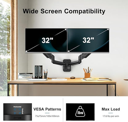 HUANUO Dual Monitor Wall Mount for 17-32 Inch Computer Screen Mount (4.4-17.6lbs Per Arm) - VESA 75x75/100x100 Height Adjustable Stand for Dual Monitors - Home Office Desk Setup
