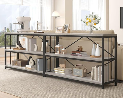 IBF 47" Gray 3 Tier Low Bookcase,Industrial Modern Short Horizontal Etagere Bookshelf, Simple Wide Open Rustic Metal and Wooden Book Shelf for Bedroom Living Room Home Office Storage, Light Grey Oak