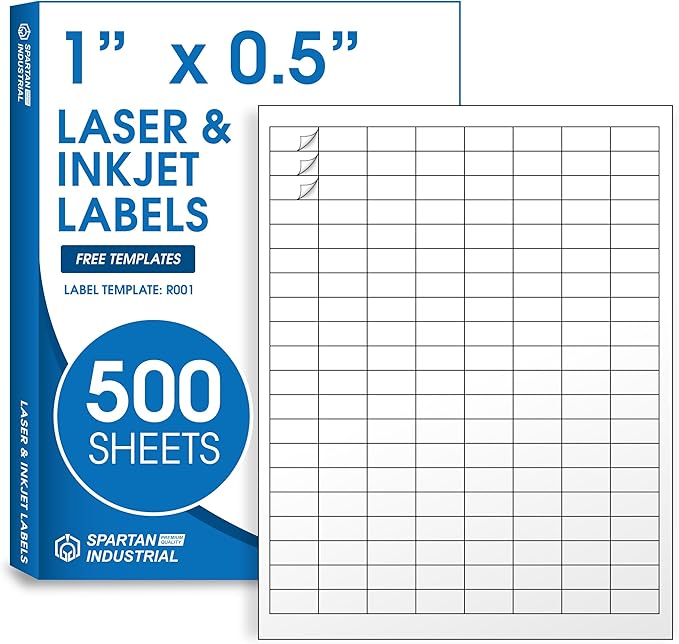 1" X 0.5" Matte White Printable Labels Compatible with Inkjet and Laser Printers - 500 Sheets, 80000 Small Stickers for Barcodes, Product Labeling, Inventory - Spartan Industrial Template R001