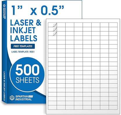 1" X 0.5" Matte White Printable Labels Compatible with Inkjet and Laser Printers - 500 Sheets, 80000 Small Stickers for Barcodes, Product Labeling, Inventory - Spartan Industrial Template R001