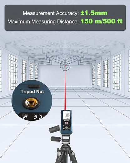 Laser Measuring Tool 500Ft Laser Measurement Tool with Angle Finder 150M Laser Distance Meters Accuracy ±1.5MM Square Footage Measure with Electronic Horizontal Calibration Indoor Easy Read