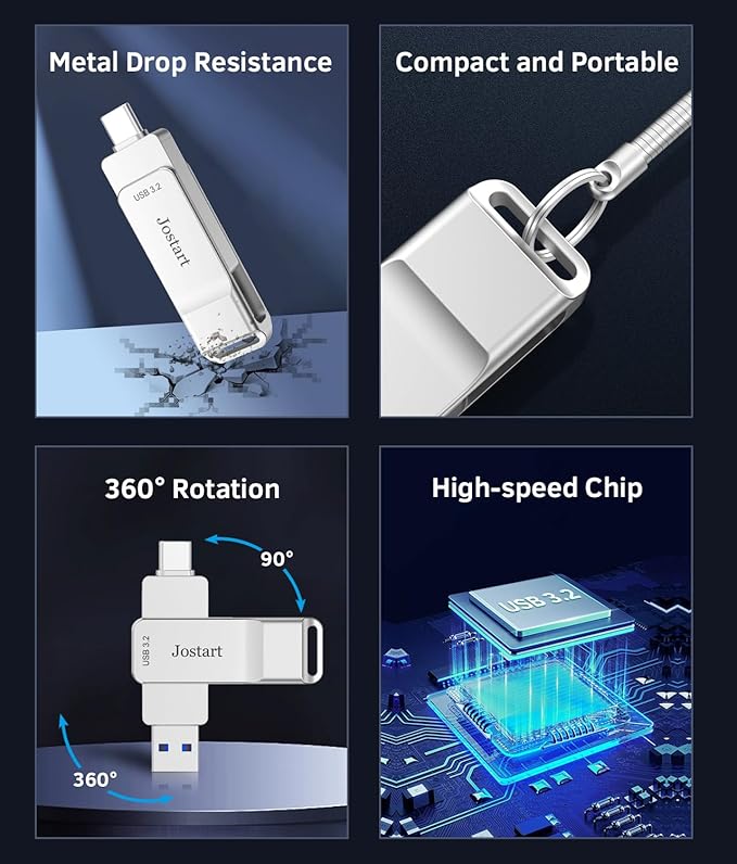 USB C Flash Drive 1 TB, 500MB/s High Speed Thumb Drive, USB 3.2 + Type C Dual Drive, Portable Memory Stick for iPhone15/16/PS4/Tablet/Laptop/PC Data Backup, Sliver