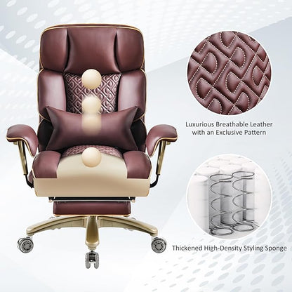 Ergonomic Executive Desk Chair with Adjustable Air Back Support, Luxury PU Leather Office Chair with Lumbar Massage High-Back 3-Level Tilt 360° Swivel Silent Wheels Height Adjustment,Footrest, Brown