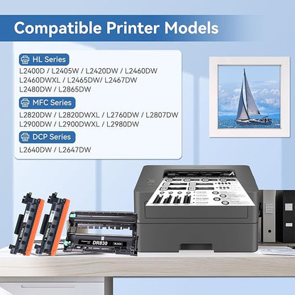 MYTONER Compatible Toner Cartridge and Drum Unit Replacement for Brother TN830XL TN830 XL/V/R TN-830 DR830 DR-830 Drum for DCP-L2640DW HL-L2460DW MFC-L2820DW XL HL-L2405W L2400D Printer 2 Toner 1 Drum